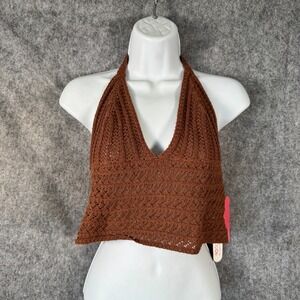 Womens Festival Fringe Crochet Halter Top Size XL Forest Fairy Open Knit Beachy